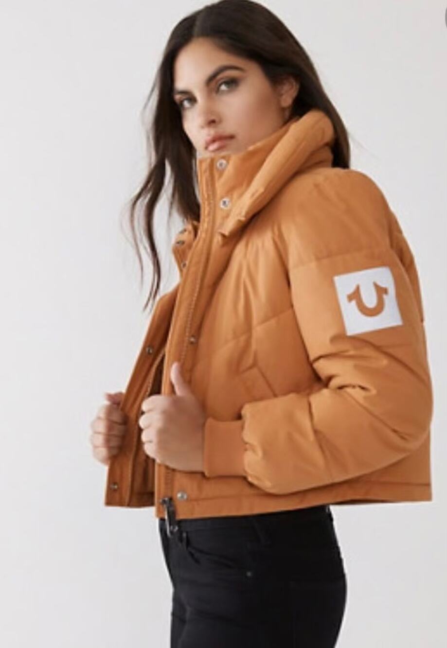 True Religion Puffer Jacket Women Small Double Collar Full Zip Snap Button Boxy